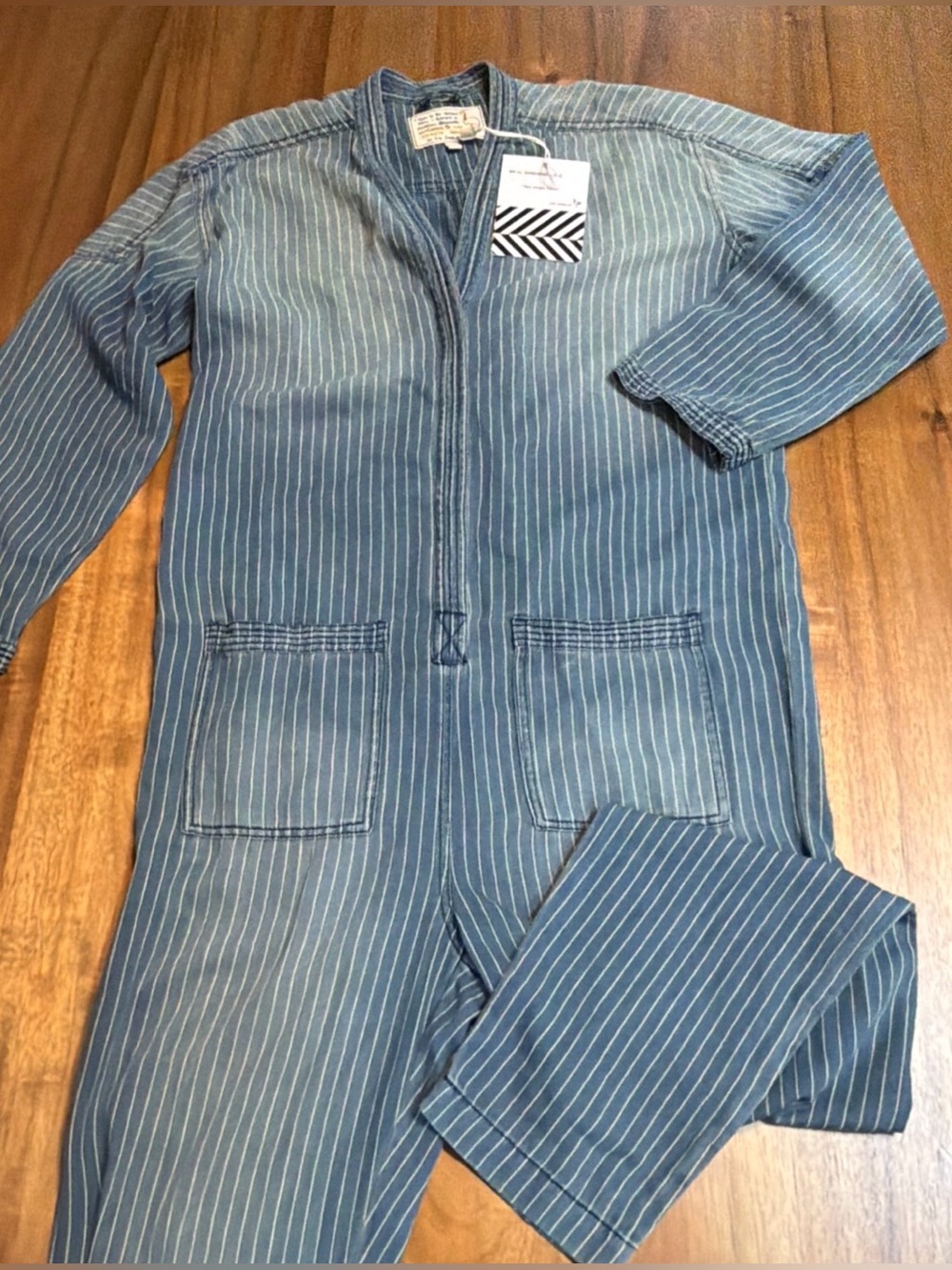 Free People X Sandrine Rose Striped Denim Jumpsuit NWT Coveralls Zip Utility XS